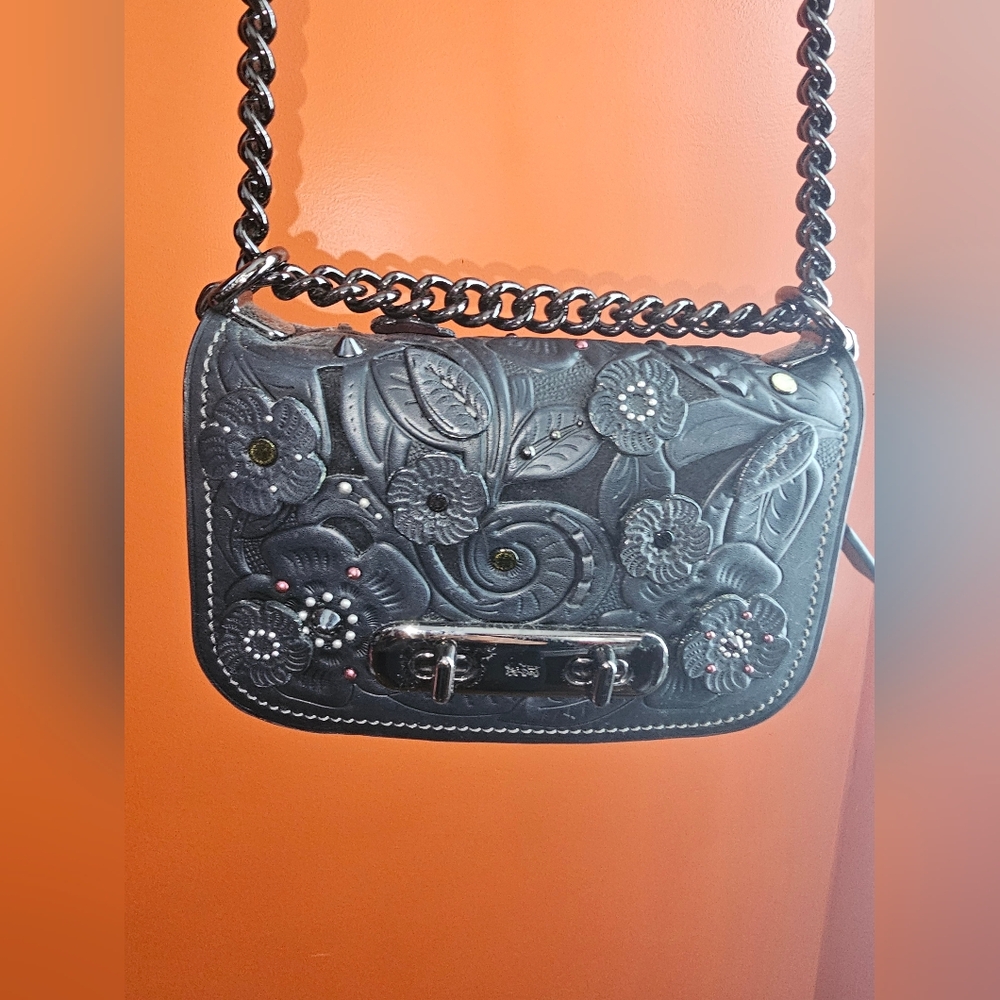 Coach TEA ROSE  Leather Black Floral Embossed Shoulder Bag Or Crossbody
